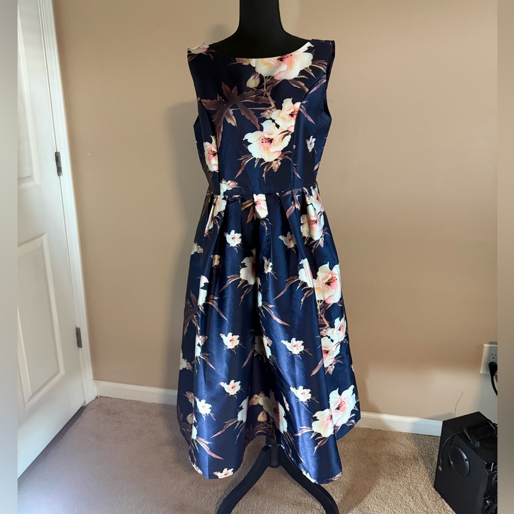 Navy Floral A-Line Midi Dress